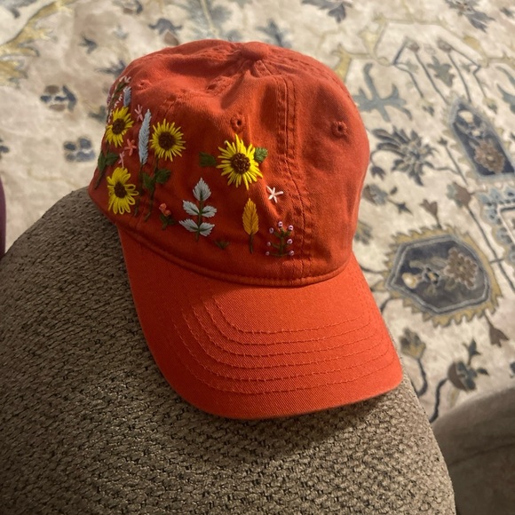 Accessories - Embroidered Floral Orange Cap